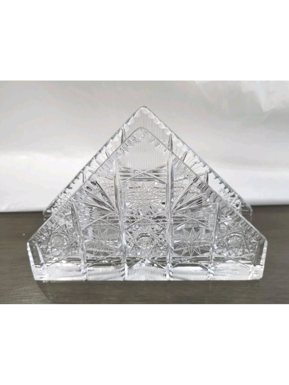 Vtg Gorgeous Clear Pressed Glass Triangle Letter/Napkin Holder Pinwheel Pattern